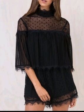 MinkPink Women's Sheer Black Polka Dot Romper With Lace Detail